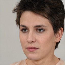 Neutral white young-adult female with short  brown hair and brown eyes