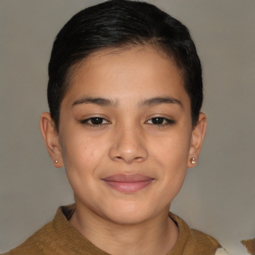 Joyful latino young-adult female with short  brown hair and brown eyes