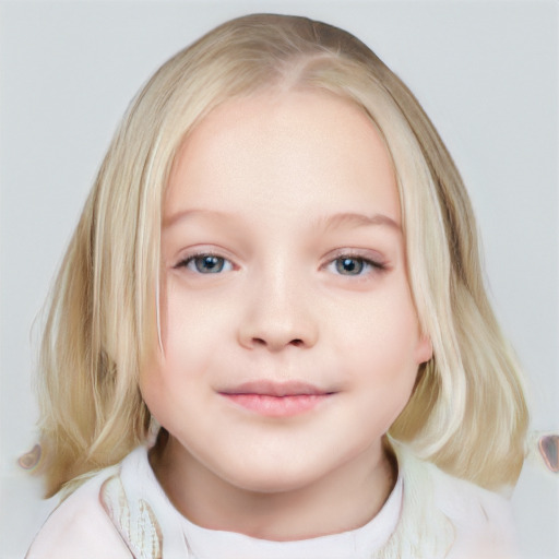 Neutral white child female with medium  blond hair and blue eyes