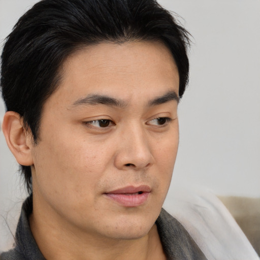 Neutral asian young-adult male with short  brown hair and brown eyes