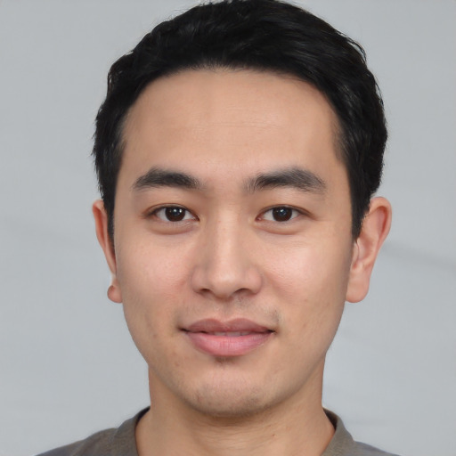 Neutral asian young-adult male with short  black hair and brown eyes