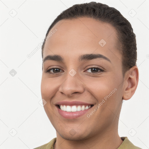 Joyful white young-adult female with short  brown hair and brown eyes