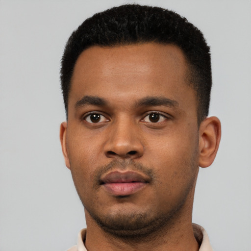 Neutral black young-adult male with short  black hair and brown eyes