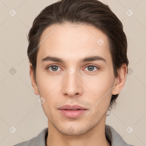 Neutral white young-adult male with short  brown hair and brown eyes