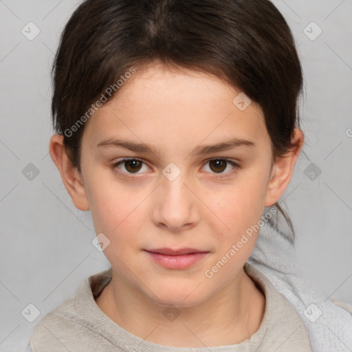 Joyful white child female with short  brown hair and brown eyes