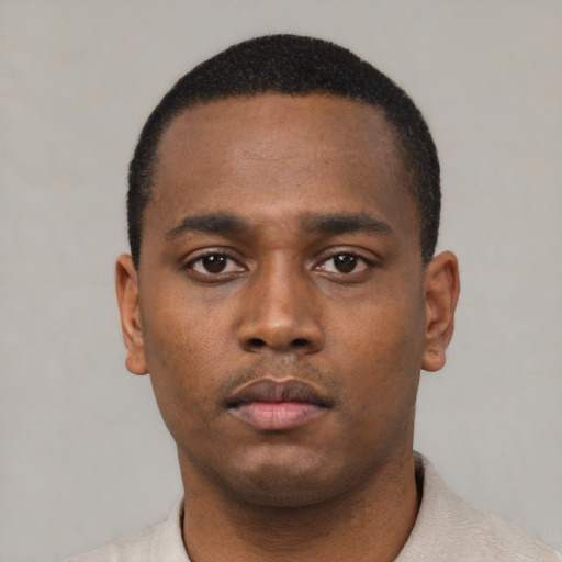 Neutral black young-adult male with short  black hair and brown eyes