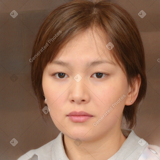 Neutral white young-adult female with medium  brown hair and brown eyes