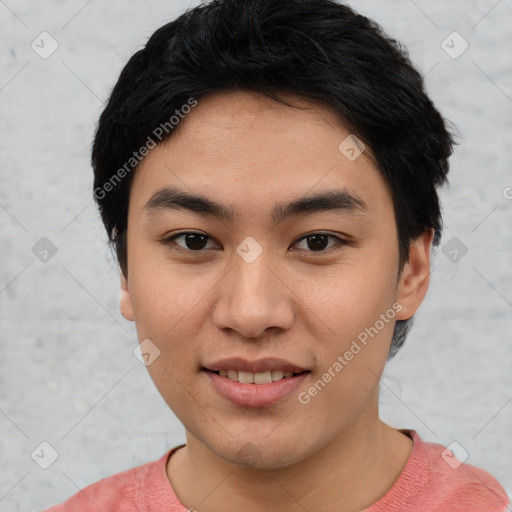 Joyful asian young-adult female with short  black hair and brown eyes