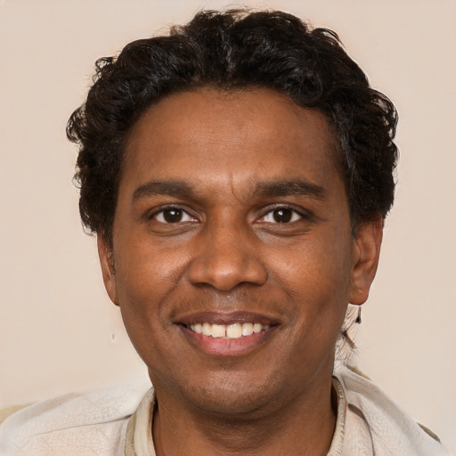 Joyful black young-adult male with short  brown hair and brown eyes