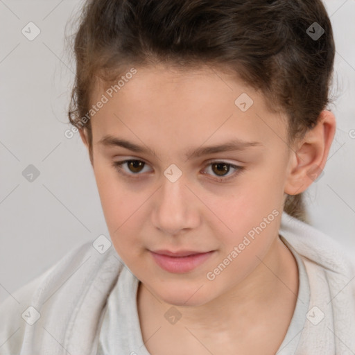 Joyful white child female with short  brown hair and brown eyes