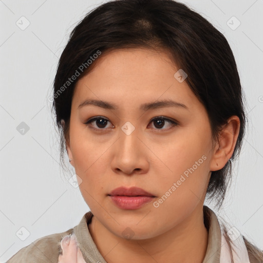 Neutral asian young-adult female with medium  brown hair and brown eyes