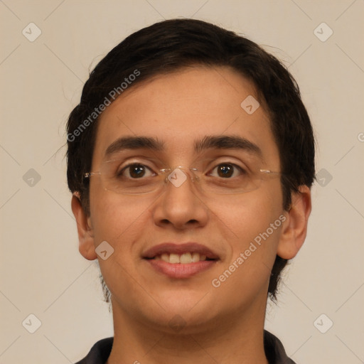 Joyful latino young-adult male with short  brown hair and brown eyes