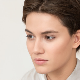 Neutral white young-adult female with short  brown hair and brown eyes