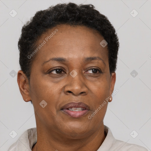 Joyful black adult female with short  brown hair and brown eyes