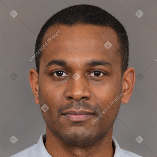 Neutral black young-adult male with short  black hair and brown eyes