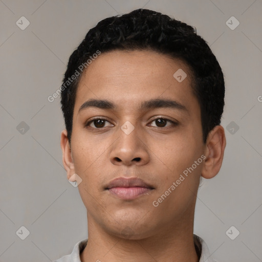 Neutral latino young-adult male with short  black hair and brown eyes