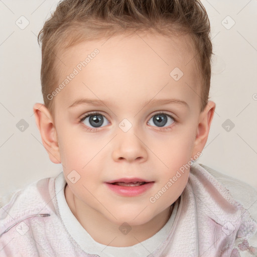 Neutral white child female with short  brown hair and grey eyes