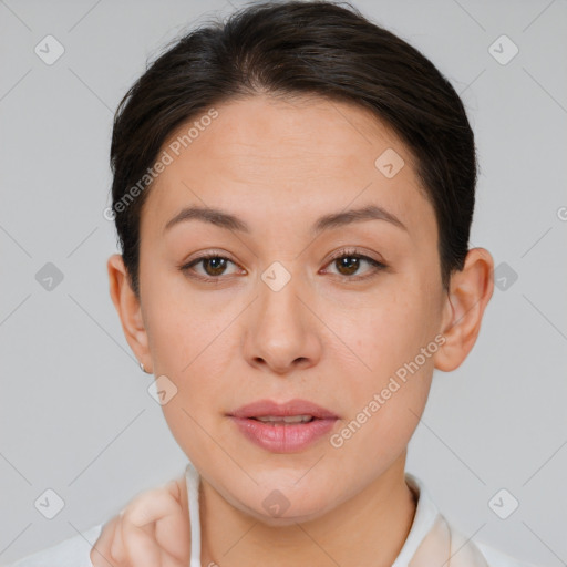 Joyful white young-adult female with short  brown hair and brown eyes