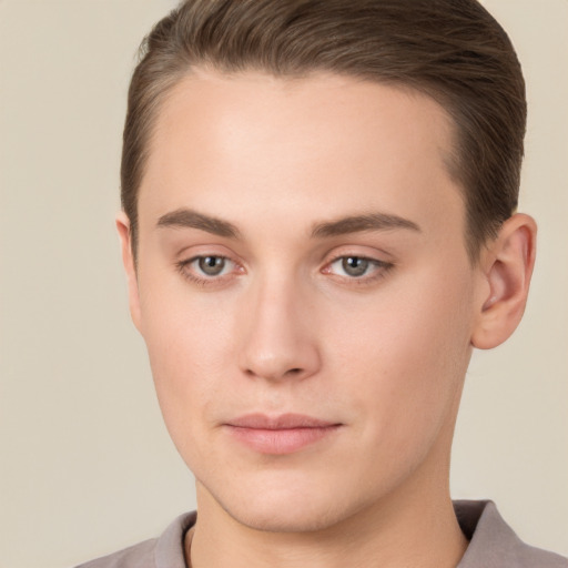 Neutral white young-adult male with short  brown hair and brown eyes