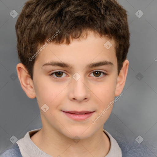 Joyful white child male with short  brown hair and brown eyes