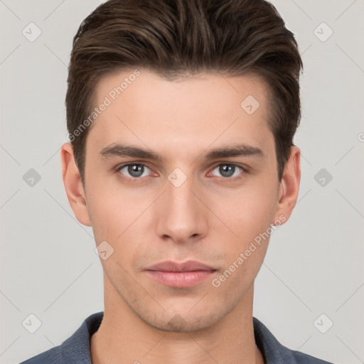 Neutral white young-adult male with short  brown hair and brown eyes