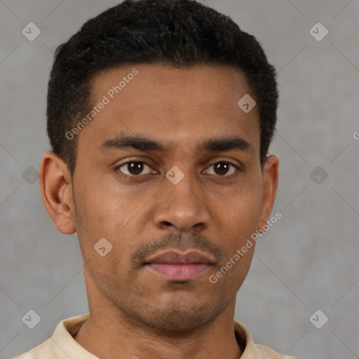 Neutral latino young-adult male with short  brown hair and brown eyes