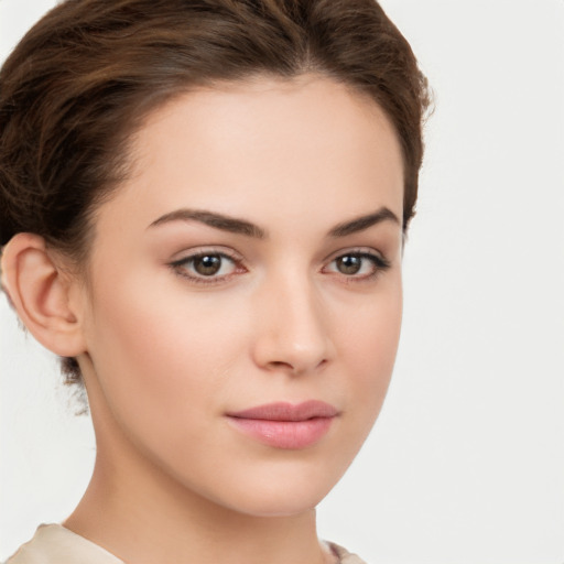 Neutral white young-adult female with short  brown hair and brown eyes