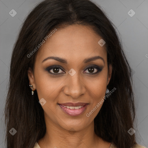 Joyful black young-adult female with long  brown hair and brown eyes