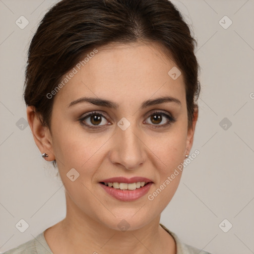 Joyful white young-adult female with medium  brown hair and brown eyes