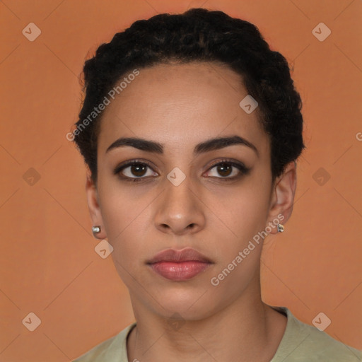 Neutral latino young-adult female with short  black hair and brown eyes