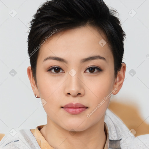 Neutral asian young-adult female with short  brown hair and brown eyes