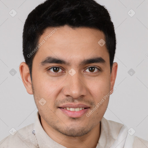 Joyful white young-adult male with short  brown hair and brown eyes