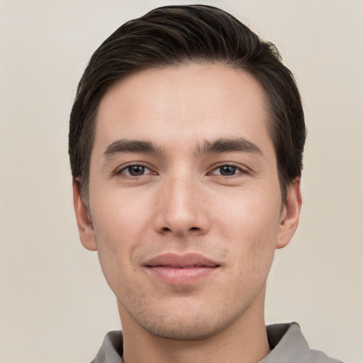 Neutral white young-adult male with short  brown hair and grey eyes