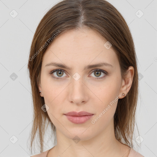 Neutral white young-adult female with medium  brown hair and brown eyes