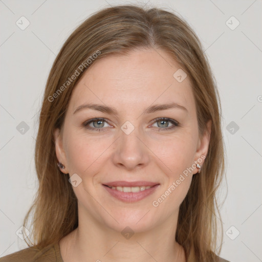 Joyful white young-adult female with long  brown hair and grey eyes