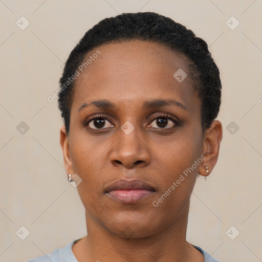 Neutral black young-adult female with short  black hair and brown eyes