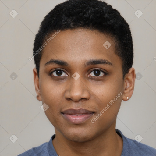 Joyful black young-adult female with short  black hair and brown eyes