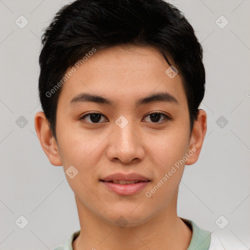 Joyful asian young-adult female with short  brown hair and brown eyes