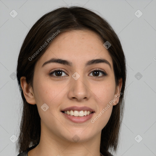 Joyful white young-adult female with medium  brown hair and brown eyes