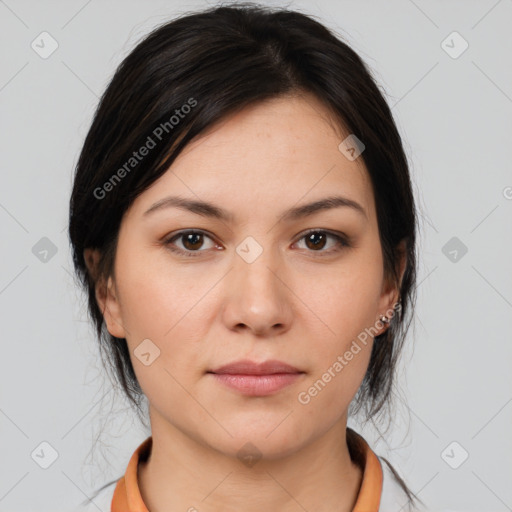 Neutral white young-adult female with medium  brown hair and brown eyes