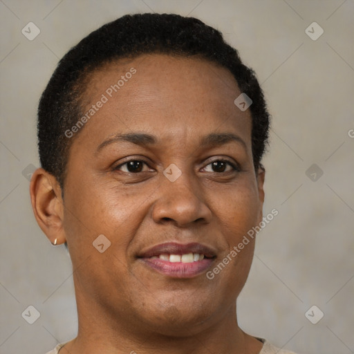 Joyful black young-adult female with short  brown hair and brown eyes