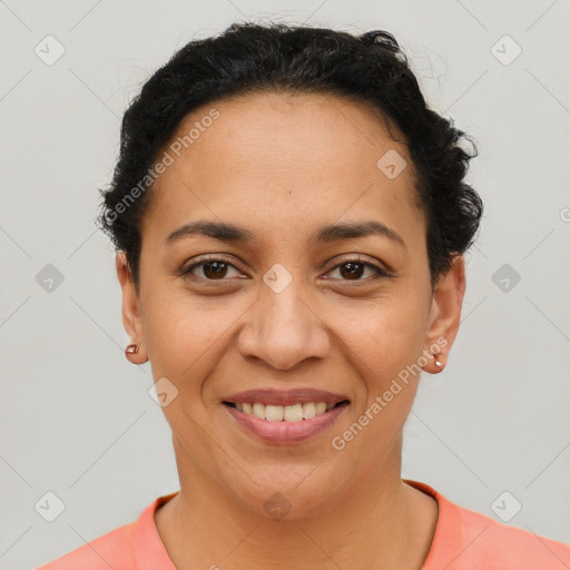 Joyful latino young-adult female with short  brown hair and brown eyes