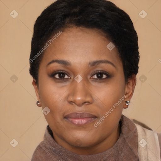 Neutral black young-adult female with short  black hair and brown eyes
