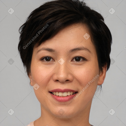 Joyful asian young-adult female with short  brown hair and brown eyes