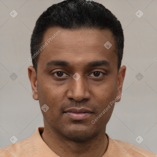 Neutral latino young-adult male with short  black hair and brown eyes