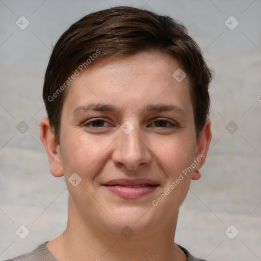 Joyful white young-adult female with short  brown hair and grey eyes