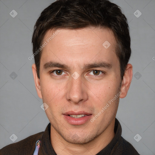 Neutral white young-adult male with short  brown hair and grey eyes