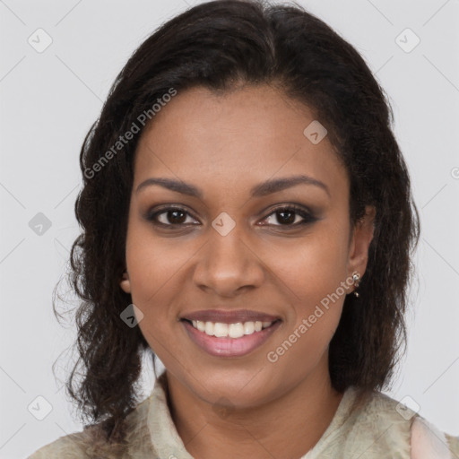 Joyful black young-adult female with medium  brown hair and brown eyes