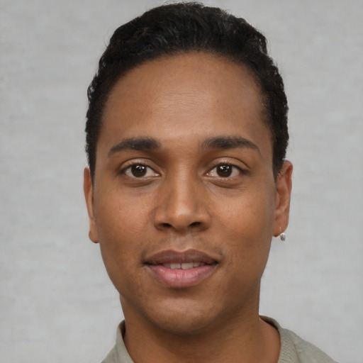 Neutral black young-adult male with short  black hair and brown eyes