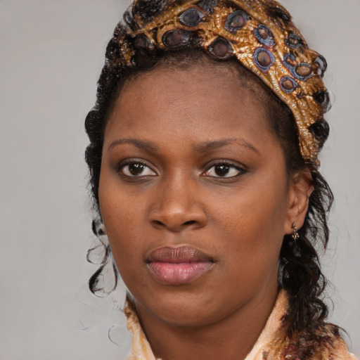 Joyful black young-adult female with medium  brown hair and brown eyes